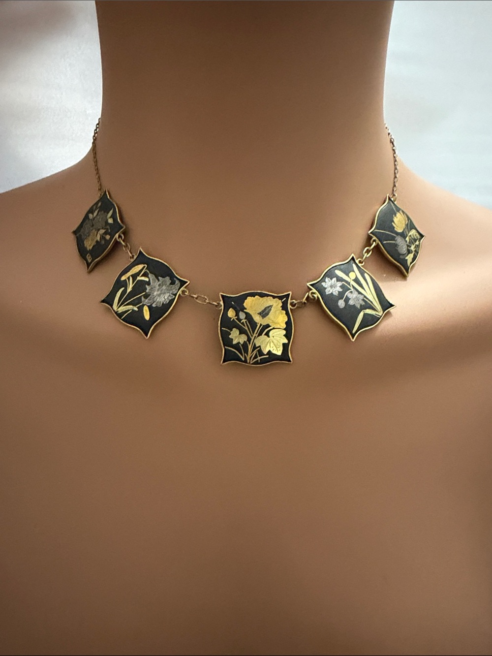 Vintage Japan K24 Flower Enamel Damascene Square Panel Link Necklace Chain